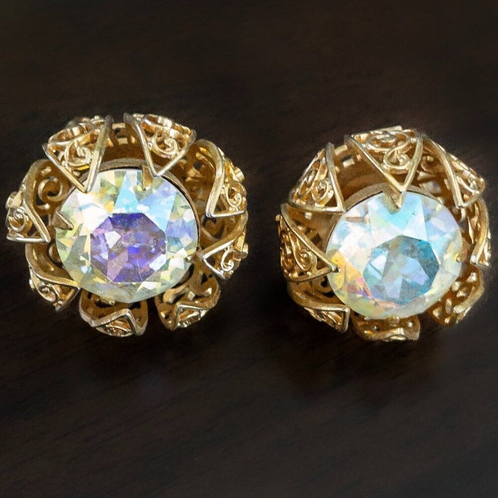 Vintage Judy Lee Filigree Clip On earrings Aurora Borealis Crystal Rhinestone